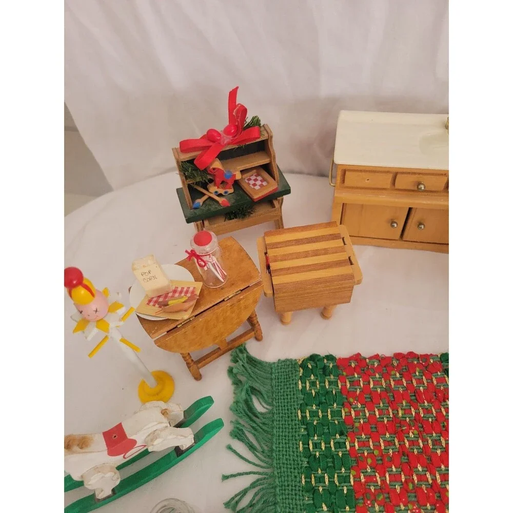 Vintage Dollhouse Miniature Furniture Lot Wooden Kitchen Bath Rugs Rocking Horse